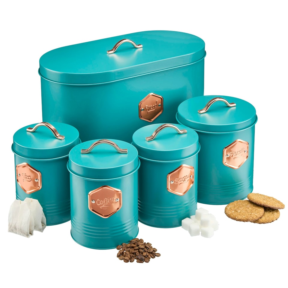 image 1 of Cooks Professional 5-Piece Kitchen Storage Set | Tea Coffee Sugar Bread & Biscuit Cannisters | Teal & Copper