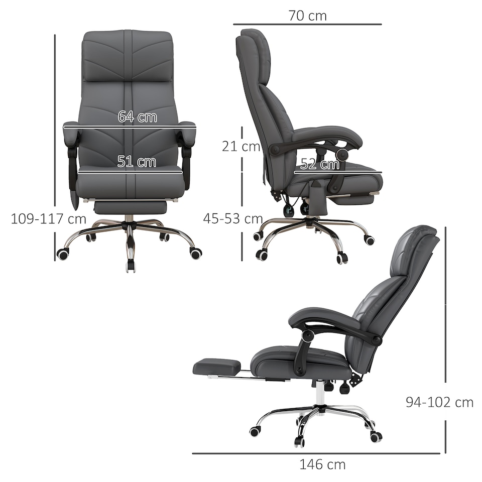 image 1 of Vinsetto High Back Vibration Massage Office Chair, Heated Reclining PU Leather Computer Chair with Footrest, Grey