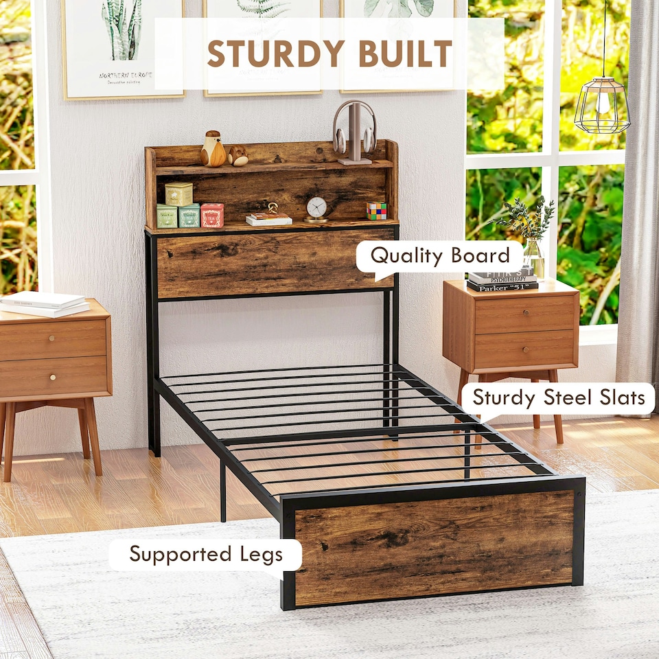 image 1 of HOMCOM 3.1FT Single Bed Frame with Storage Headboard and Under Bed Storage