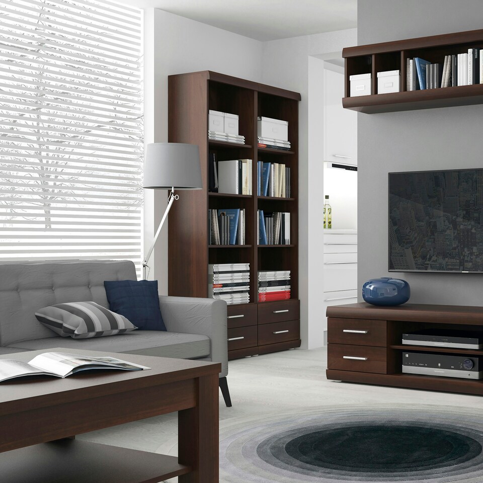 image 1 of Imperial Tall 2 Drawer Narrow Cabinet with Open Shelving in Dark Mahogany Melamine