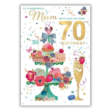 Words 'n' Wishes Mum's 70th Birthday Card, Floral Cake Stand Design, Gold Foil Finish