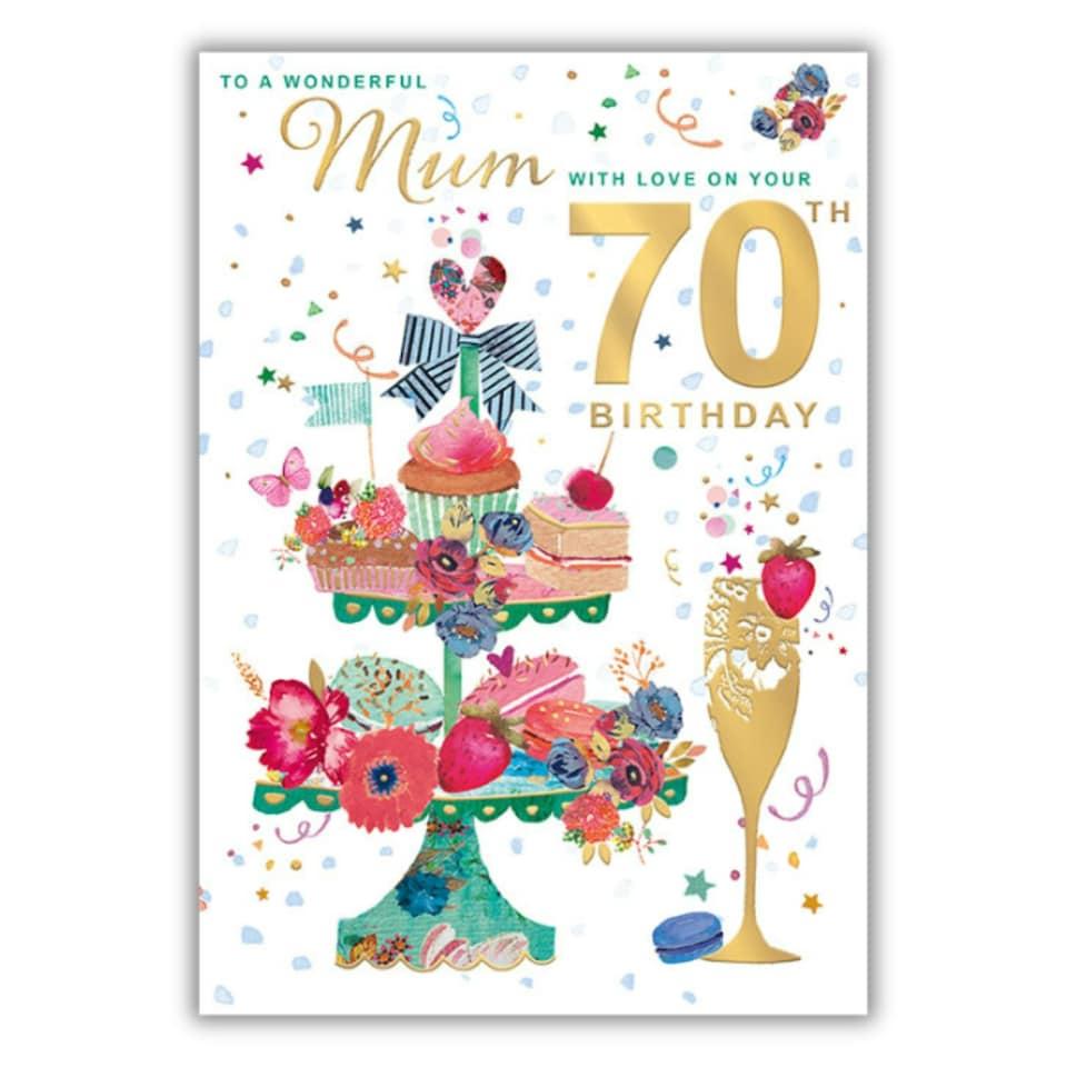 image 1 of Words 'n' Wishes Mum's 70th Birthday Card, Floral Cake Stand Design, Gold Foil Finish