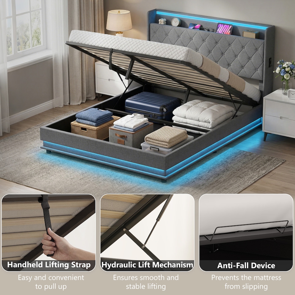 image 1 of HOMCOM Lift up Storage Bed Frame with RGB LED Lights, 150 x 200cm, Dark Grey