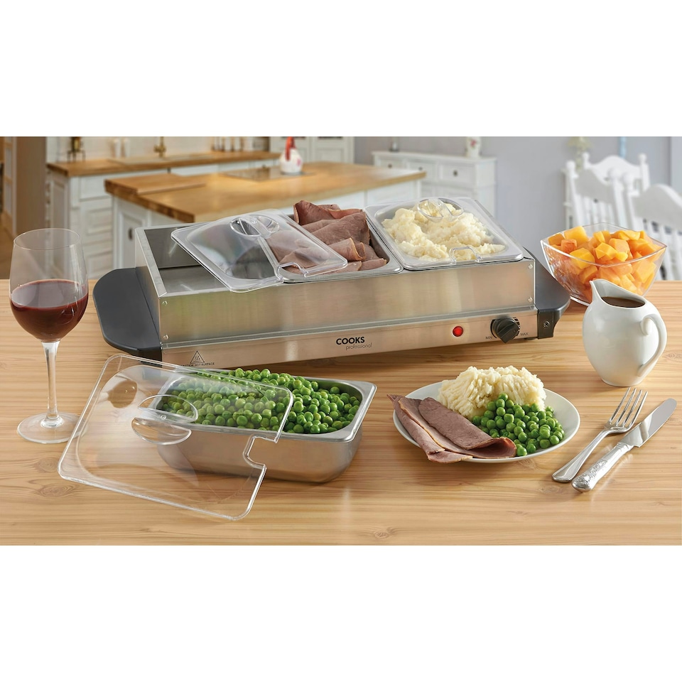 image 1 of Cooks Professional | Buffet Warmer | 3-Sections | 6L Capacity | Hot Plate Function | Temperature Control | Silver