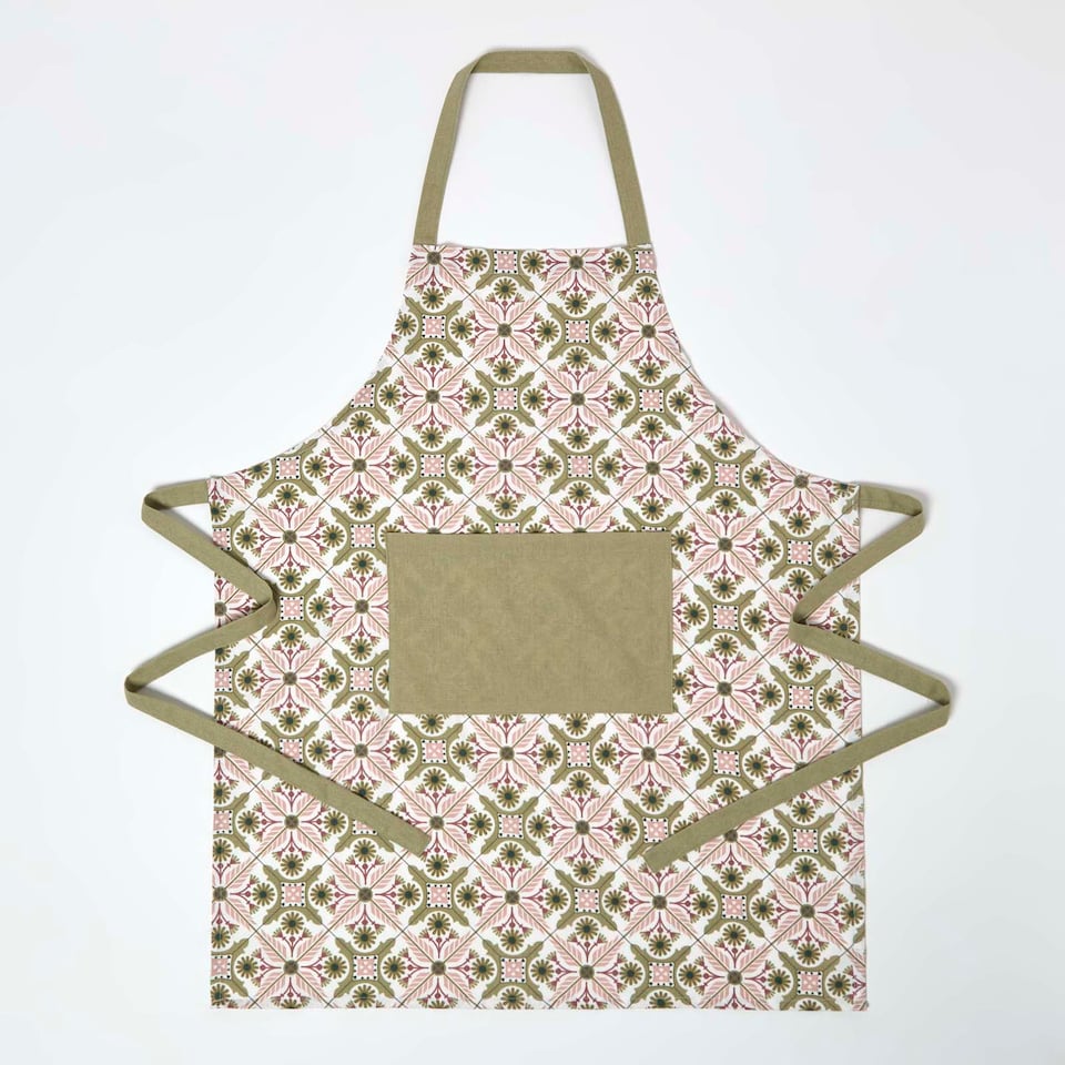 image 1 of Homescapes Green & Pink Retro 100% Cotton Apron