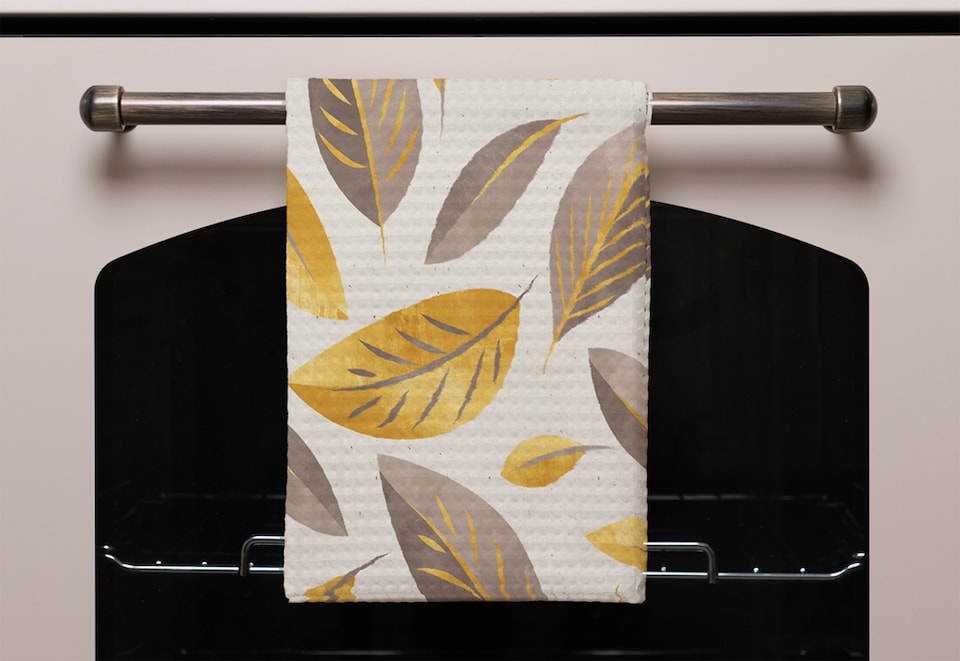 image 1 of Botanical gold and purple leaf Designer Kitchen Towel | Multi