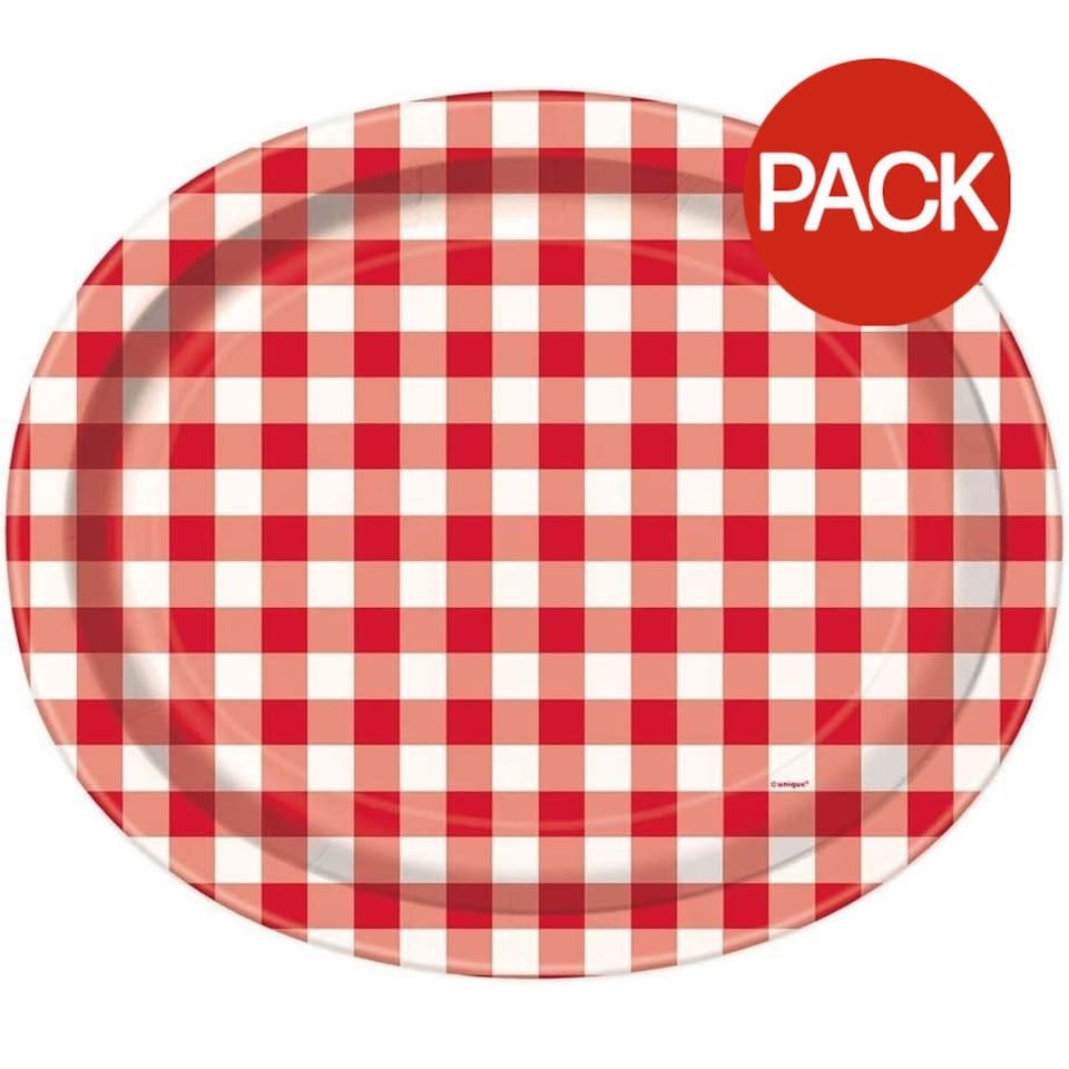 Unique Party Paper Gingham Summer Disposable Plates (Pack of 8) - Red/White - One Size