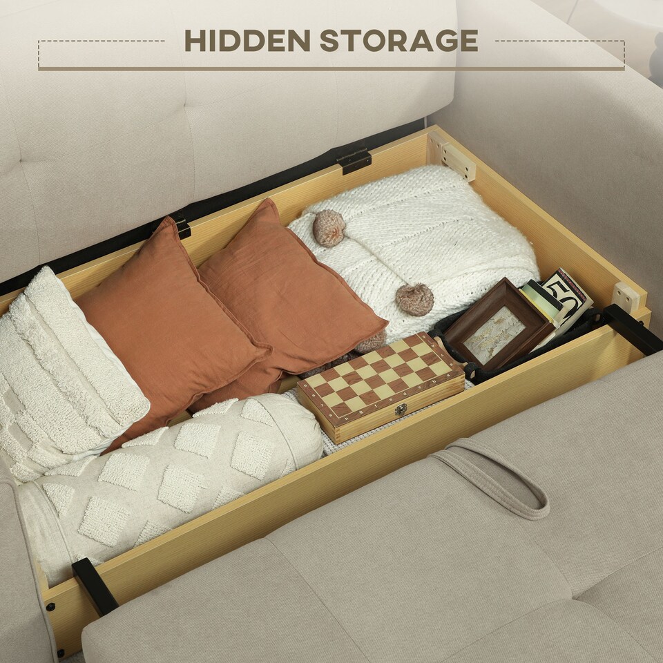 image 1 of HOMCOM 2 Seater Sofa Bed with Hidden Storage, Pull Out Convertible Bed Settee, Modern Snow Flannel Loveseat Sofa Sleeper with 2 Cushions for Living Room, Guest Room, Light Brown | Yellow | Yellow | One Size