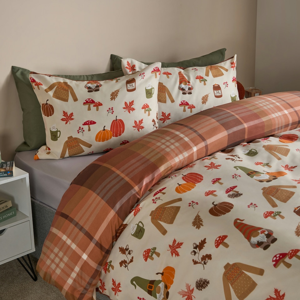 image 1 of OHS Autumnal Novelty Pumpkin Gonk Reversible Check Duvet Cover and Pillowcase Bedding Set Multi | Cream/Rust | Double
