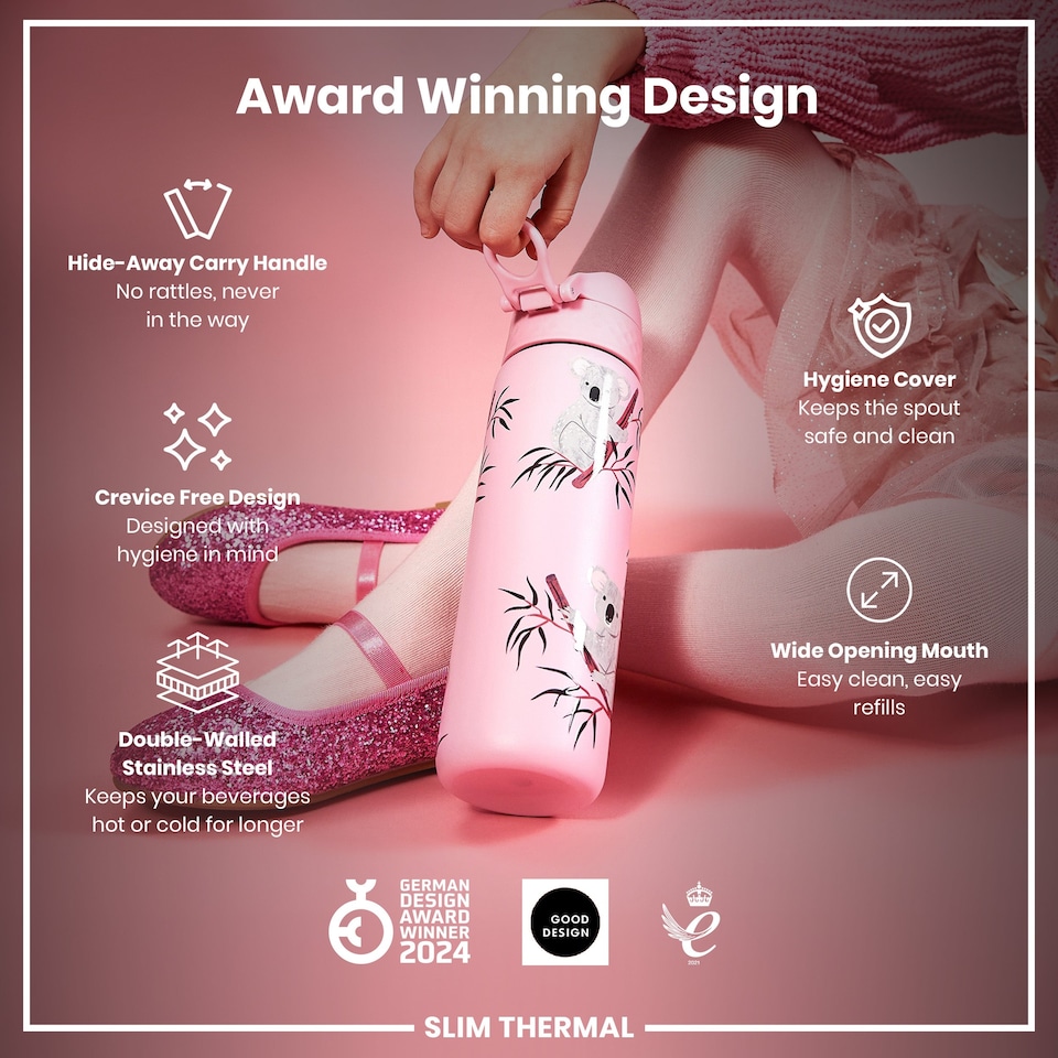 image 1 of Leak Proof Slim Water Bottle, Vacuum Insulated, 500ml (17oz) | Pink | Koala | One Size