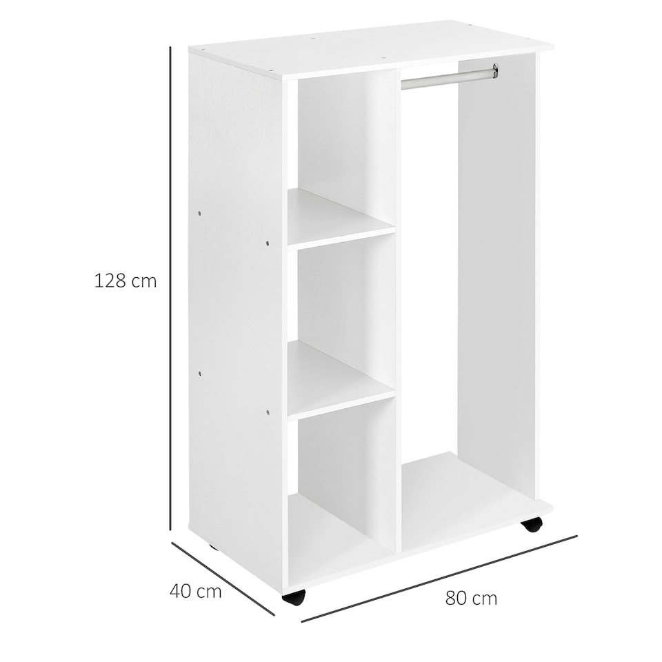 image 1 of HOMCOM Open Wardrobe on Wheels, Bedroom Wardrobe with Clothes Hanging Rail, 3 Storage Shelves, Mobile Garment Rack for Cloakroom, Hallway, White