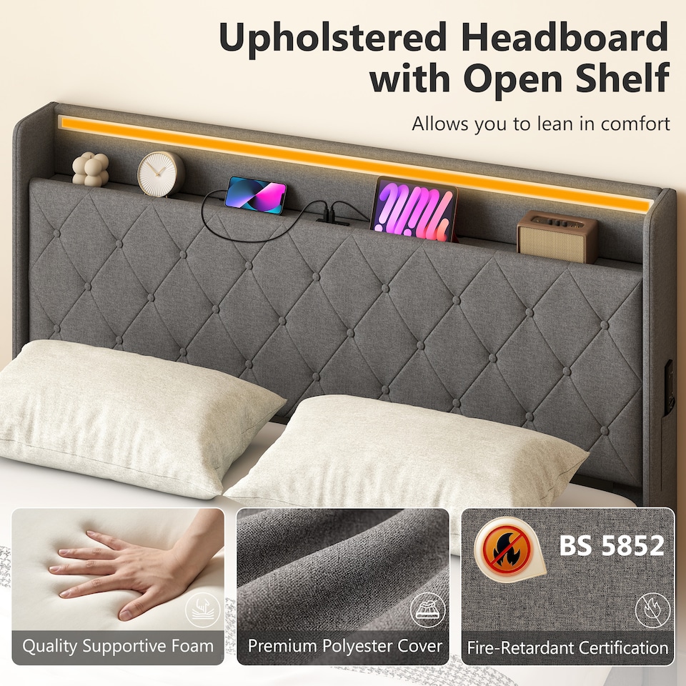 image 1 of HOMCOM Lift up Storage Bed Frame with RGB LED Lights, 150 x 200cm, Dark Grey