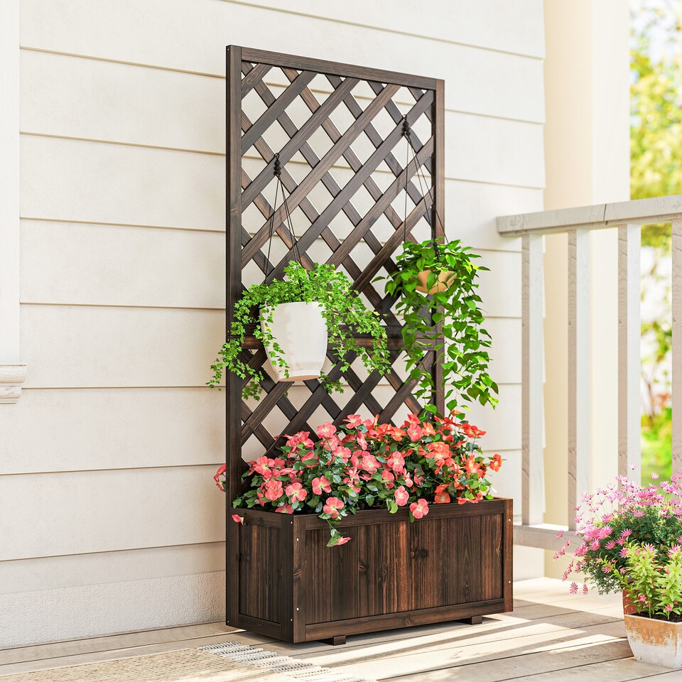 image 1 of (72.5 x 31.5 x 149.5 cm, Carbonised) Outsunny Wood Planter with Trellis