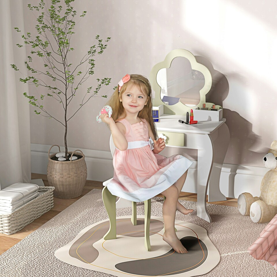 image 1 of ZONEKIZ Kids Vanity Table Set, Beauty Flower Design, for Ages 3-6 Years - White White