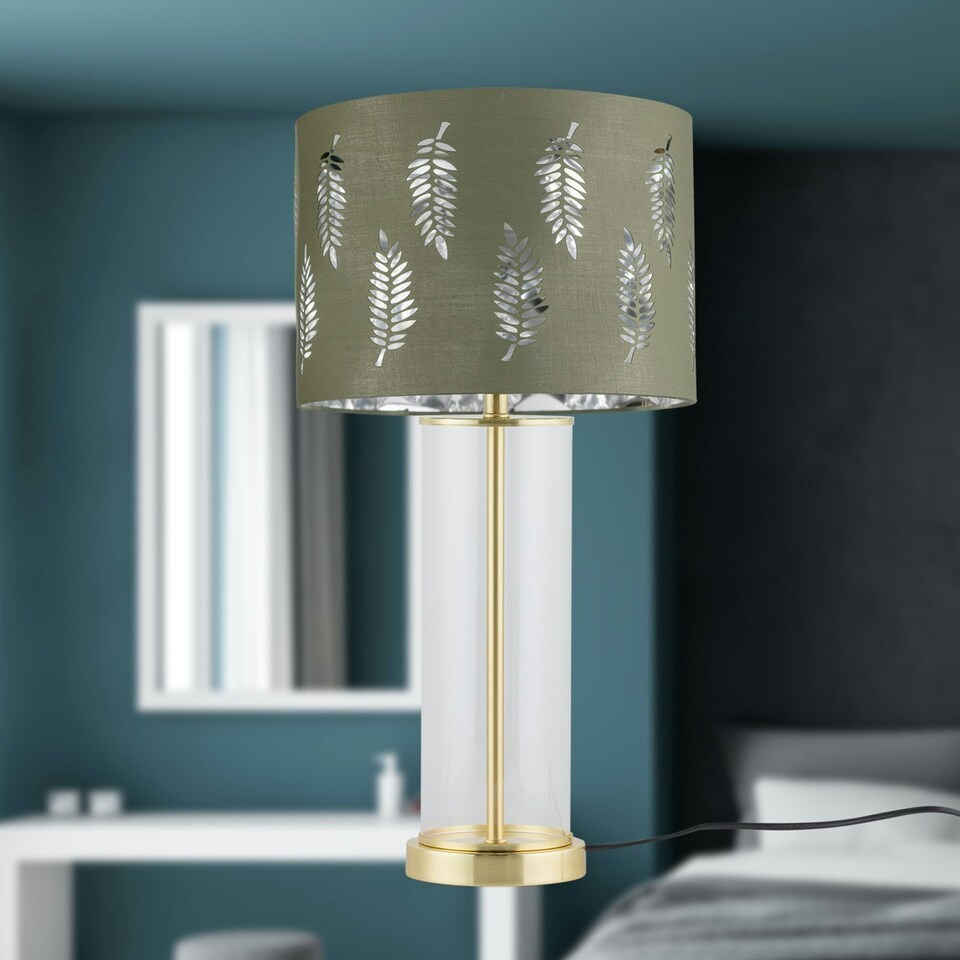 image 1 of Set of 2 Aura - Satin Brass Lamps with Sage Green Fern Silver Shades Bronze | Green