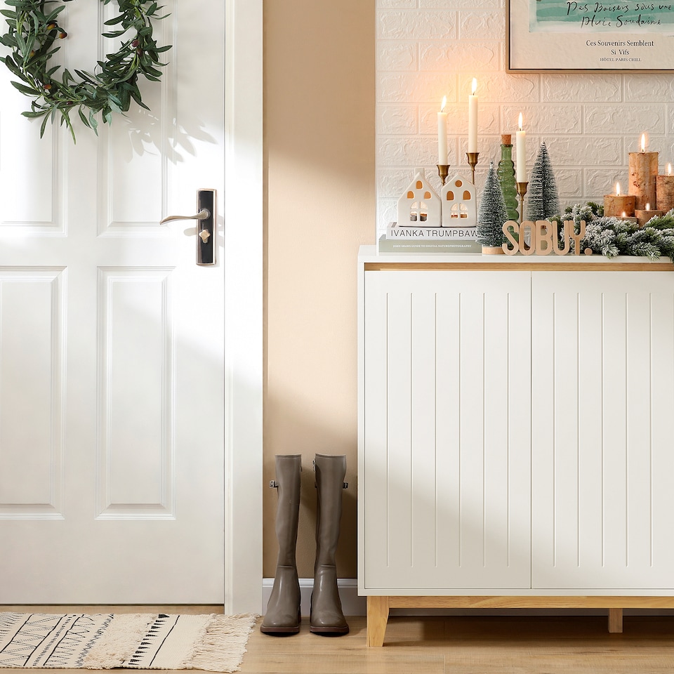 image 1 of SoBuy Low Sideboard with 2 Doors & 3 Drawers, White/Natural Wood, 47.2x15.7x35.4 inches, 27.1 kg - FSB75-WN