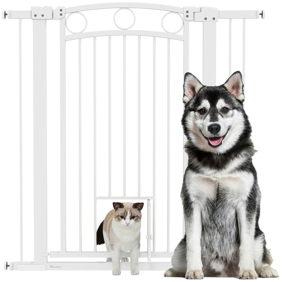 image 1 of PawHut Stair Gate with Cat Door, Adjustable Width, 76-104cm and 106cm Tall