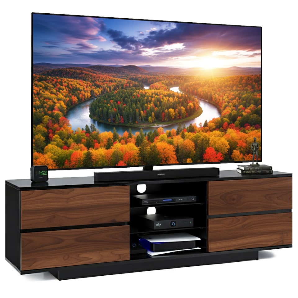 image 1 of Centurion Supports Avitus Gloss Black with 4-Walnut Drawers and 3-Shelf 32"-65" LED/LCD/Plasma TV Stand | Black | 1