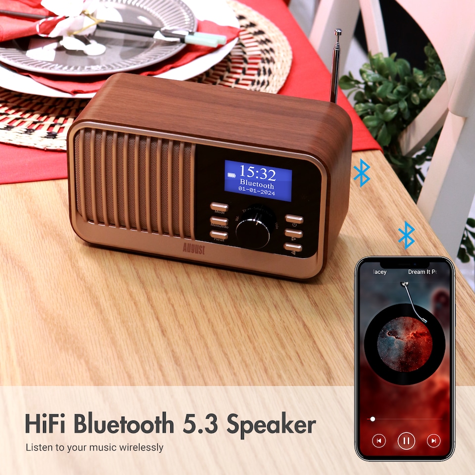 image 1 of Retro Bluetooth Speaker Rechargeable DAB/DAB+/FM Radio, Dual Alarm Clock, USB & Micro SD MP3 Playback, Large Remote Contro l – August MB450K