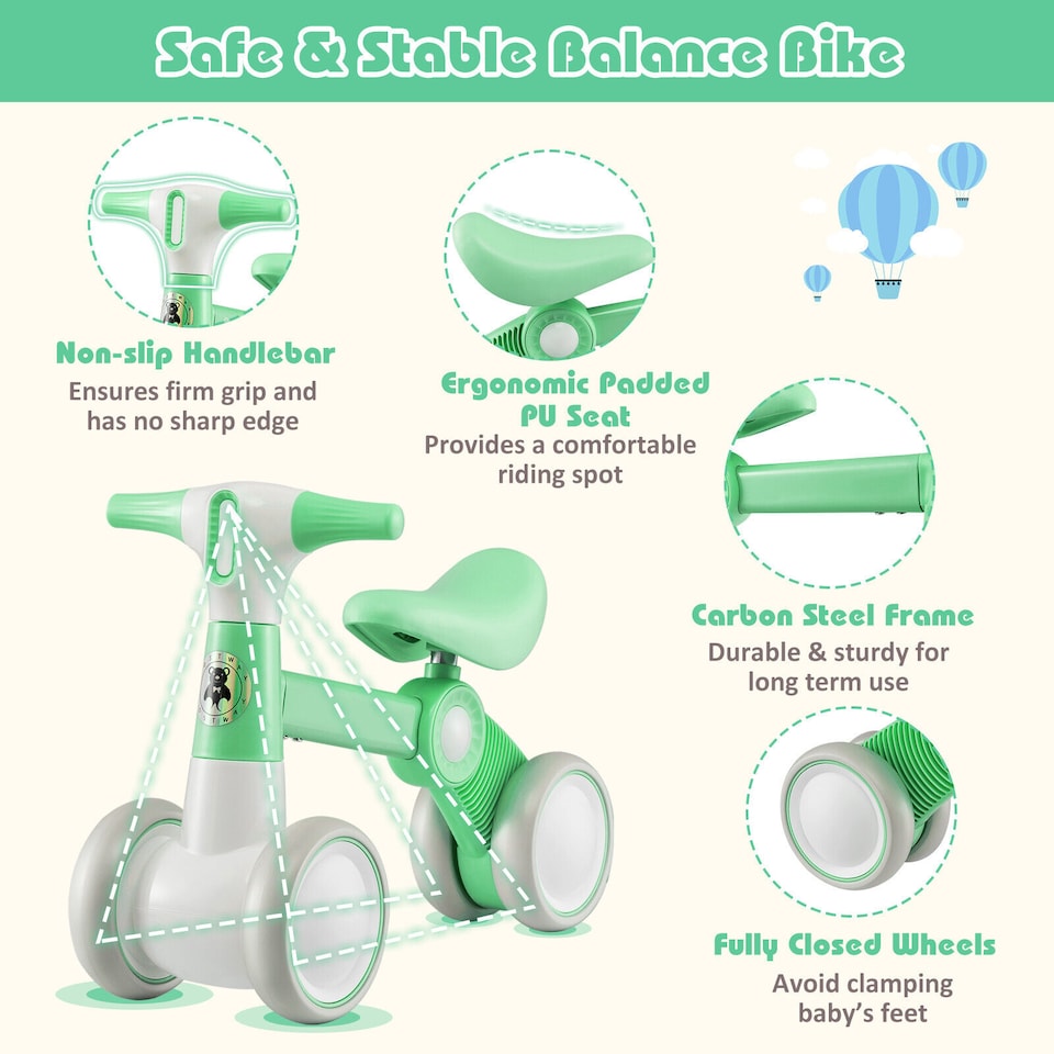 image 1 of COSTWAY Cute Baby Balance Bike Childrens Bicycle Green