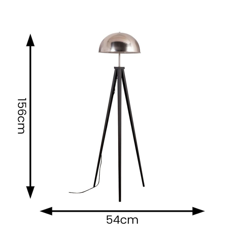 image 1 of ValueLights Black Metal Tripod Standing Floor Lamp With Silver Brushed Chrome Dome Shade