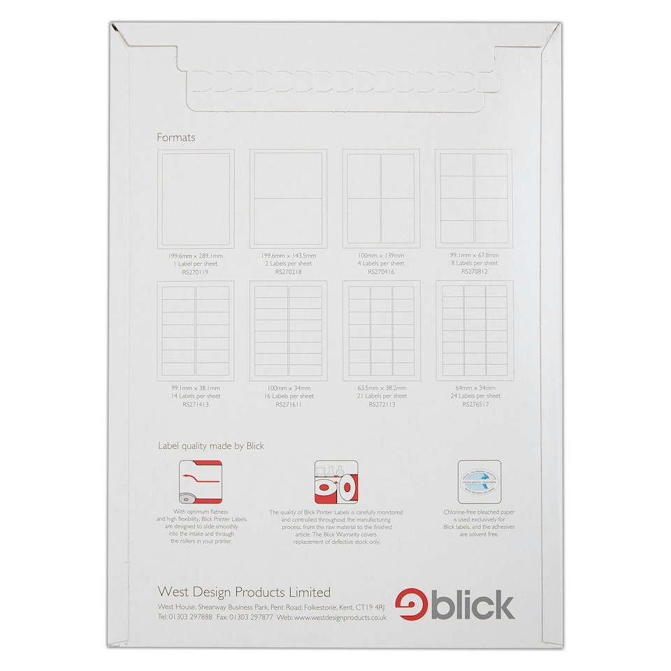 image 1 of Blick 16 Per Sheet 100 Sheets, 100mm x 34mm, Rectangular, White, 1600 Labels