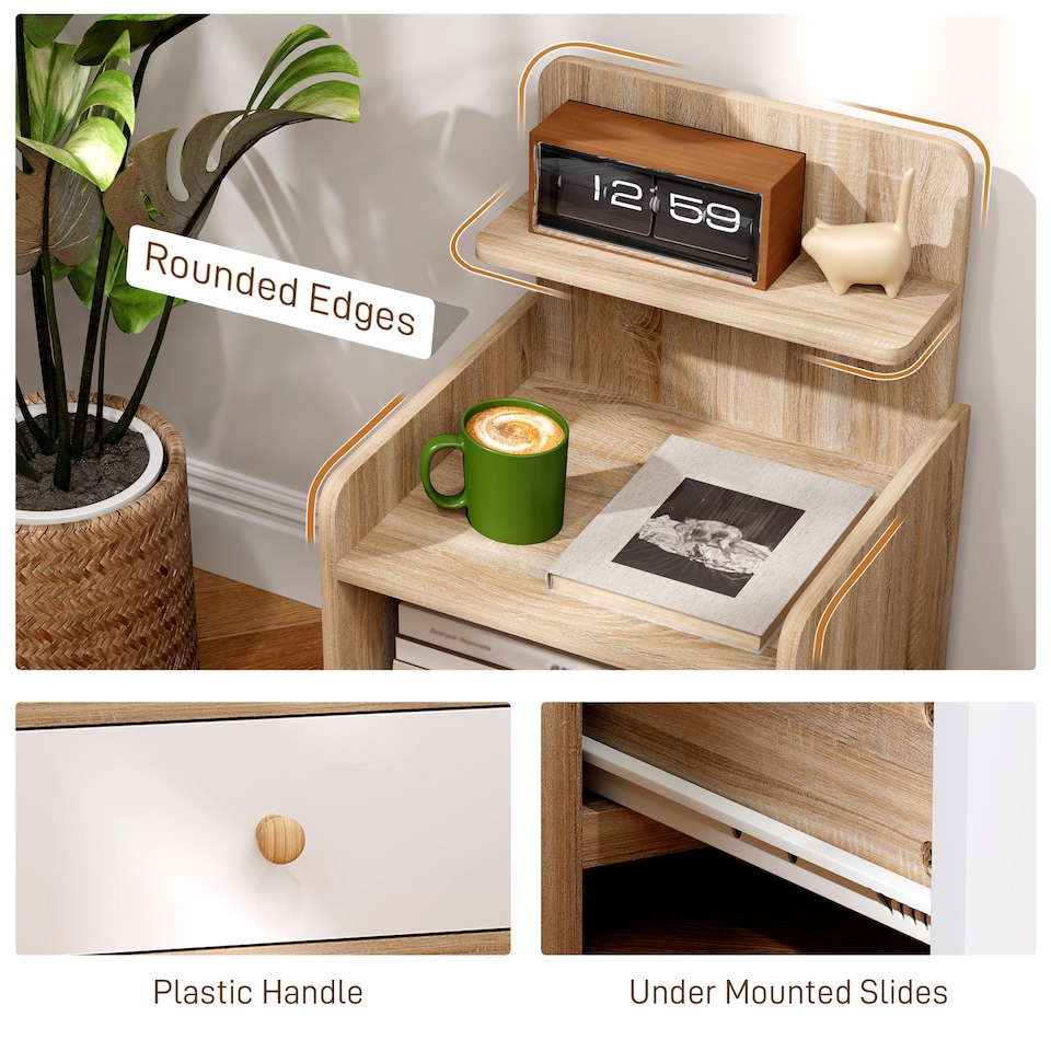 image 1 of HOMCOM Bedside Table, Bedside Cabinet with Drawer, Modern Side Table with Shelf for Bedroom, Living Room, Natural Wood Effect