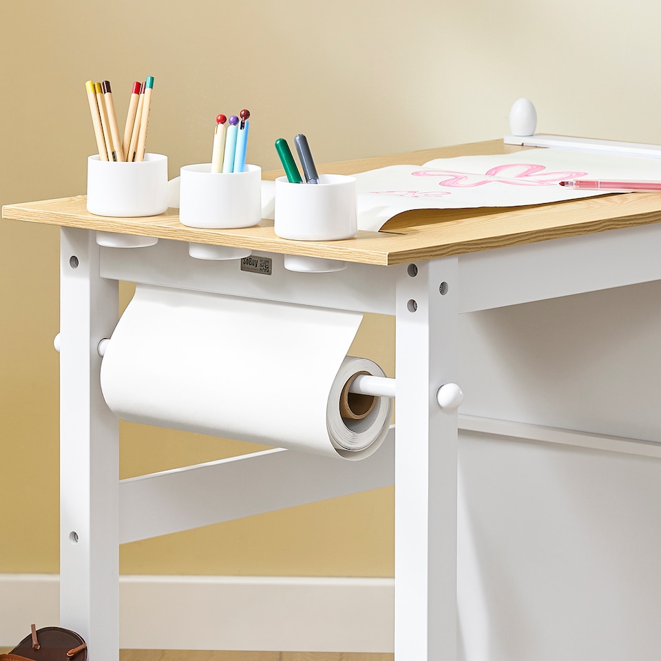 image 1 of SoBuy Kids Desk and Chair Set with 2 Storage Shelves and Paper Roll Holder, White/Natural, 31.4x19.6x25.1 in, 15.3 kg - KMB60-WN