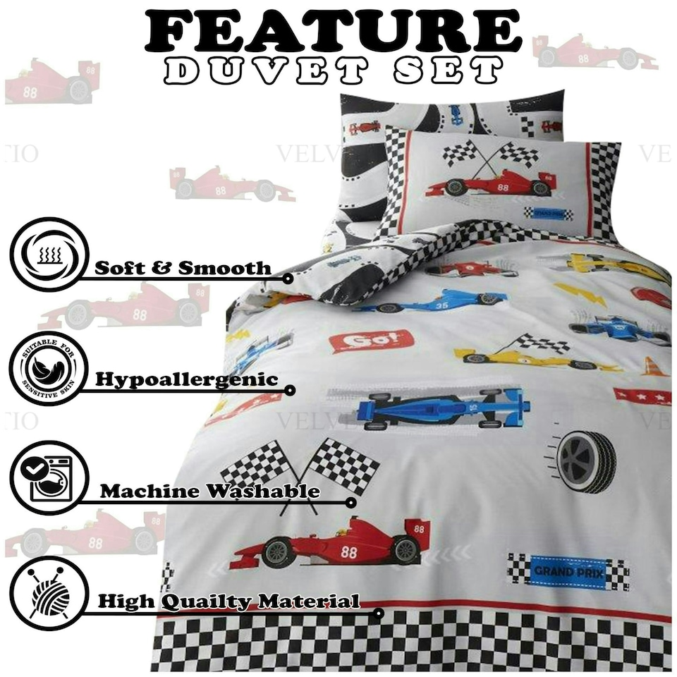 image 1 of VELVETIO Racing Cars Duvet Cover Set Luxury Polycotton Kids Beddings Grey | Single