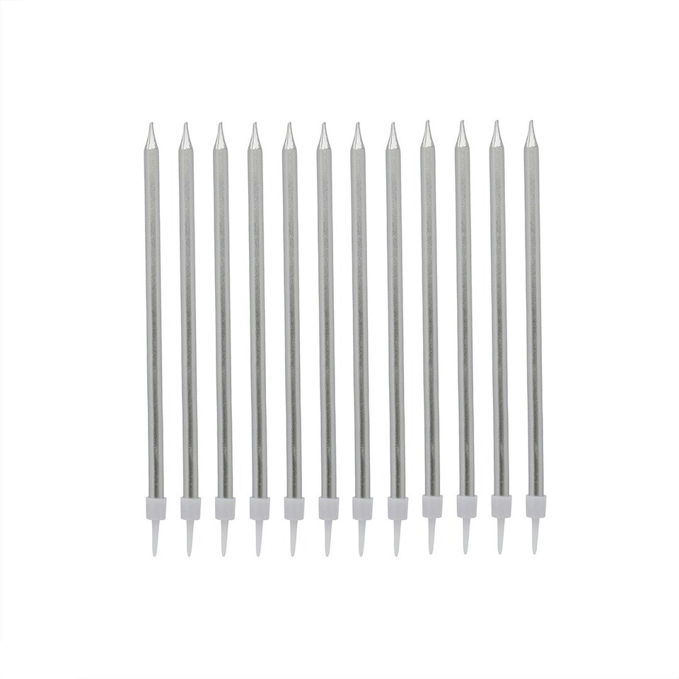 image 1 of Silver Tall Skinny Celebration Candles - Pack of 12