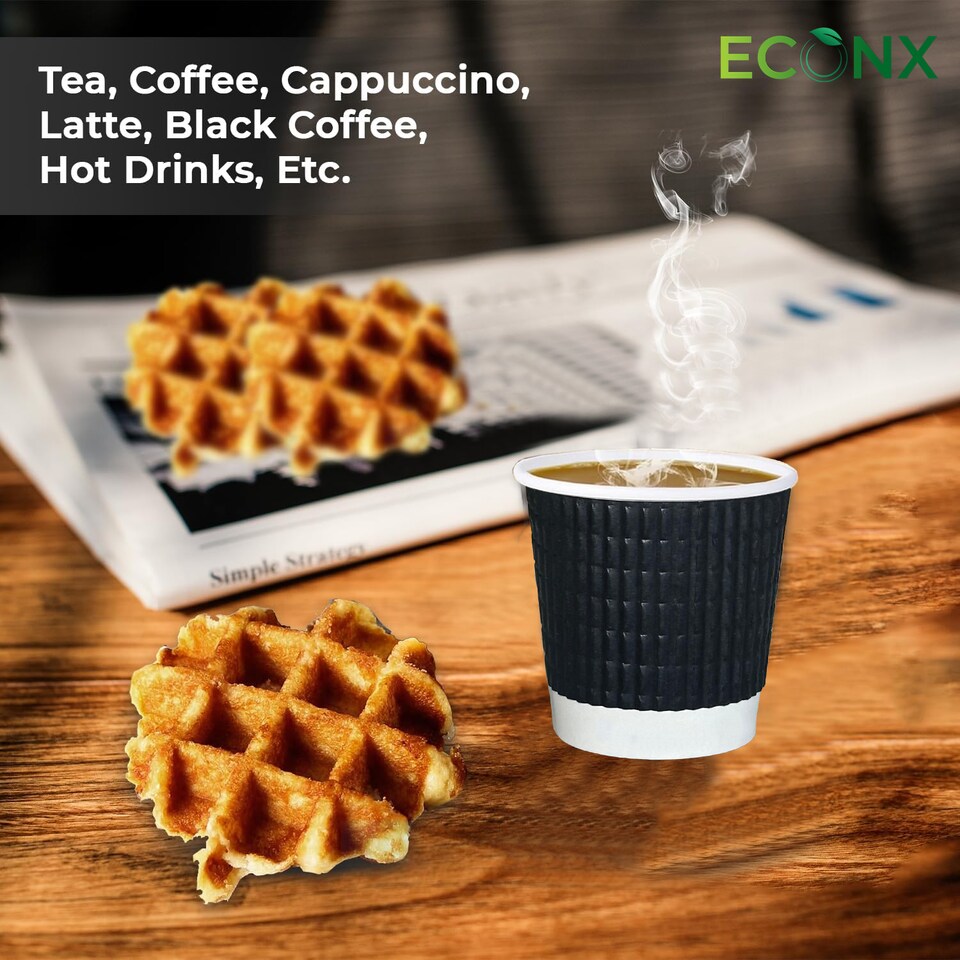 image 1 of ECONX 4oz Disposable Coffee Cups Black 3-PLY Insulated Ripple Wall Paper Cups 100pc
