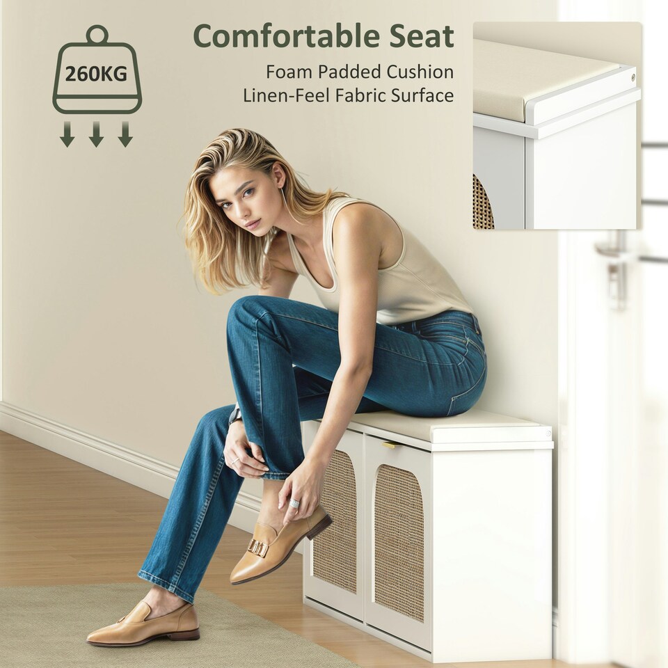 image 1 of HOMCOM Boho Shoe Bench with Padded Seat and 2 Flip-Drawers White