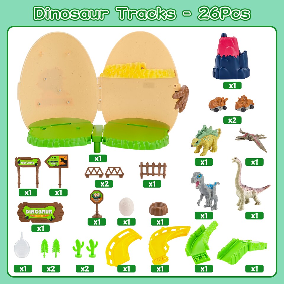 image 1 of 26-Piece Dinosaur EGG Toy Set – Dinosaurs, Slide Track, Mini Dino Car & Electric Volcano!