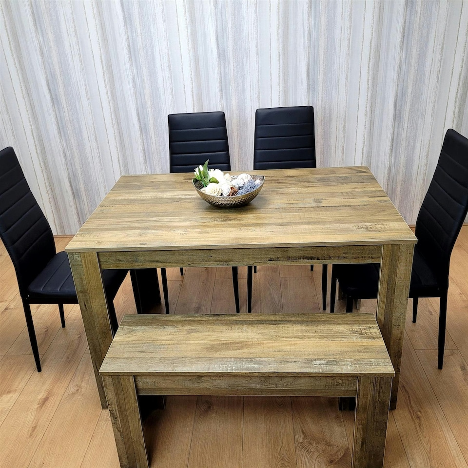 image 1 of Wooden Dining Table Set for 6 Rustic Effect Table With 4 Black Leather Chairs and 1 Bench Black