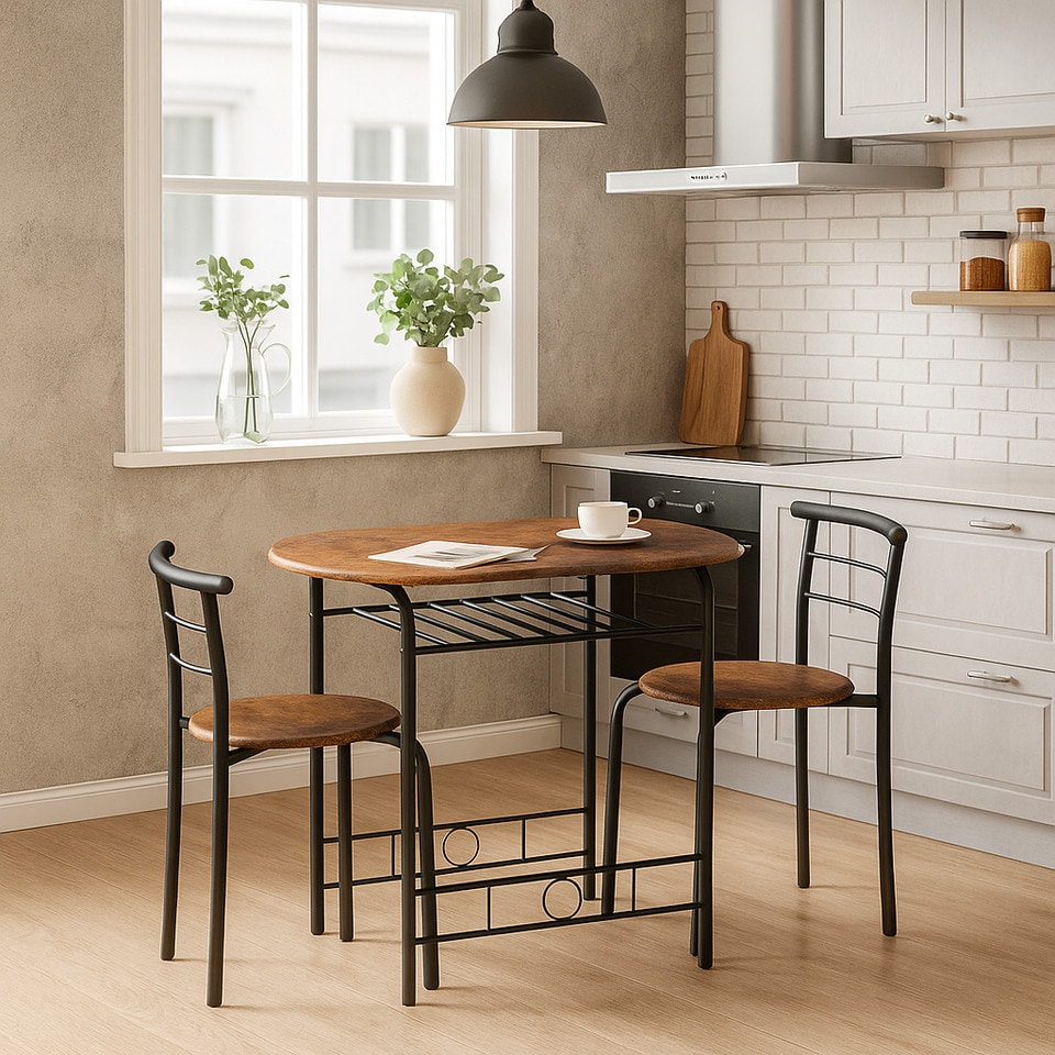 image 1 of 3 Pcs Dining Table 2 Chairs Set Kitchen Breakfast Furniture Compact Space Saving | Multi | Rustic Brown