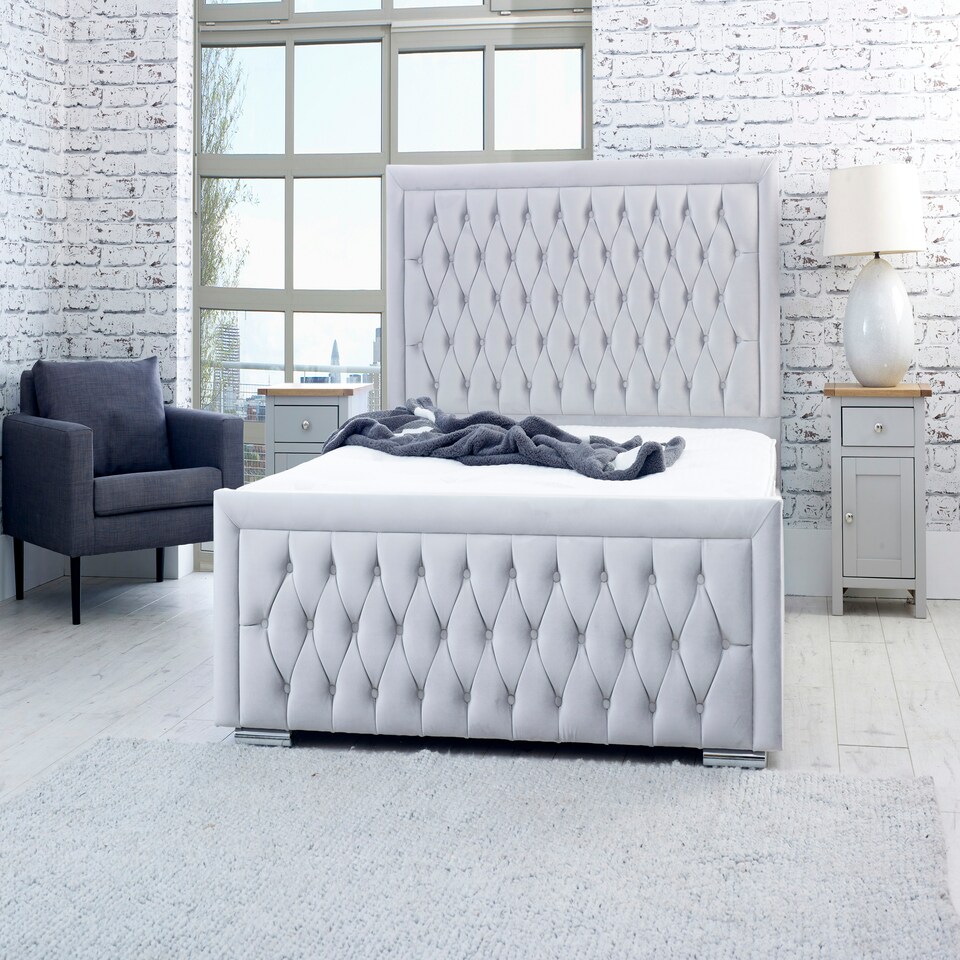 image 1 of Piera Plush Double Bed Frame - Silver