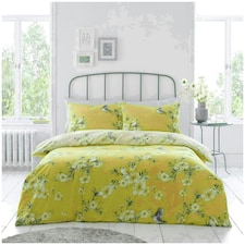 VELVETIO Birdie Blossom Printed Duvet Cover Set Reversible Polycotton Beddings Yellow | Ochre | King