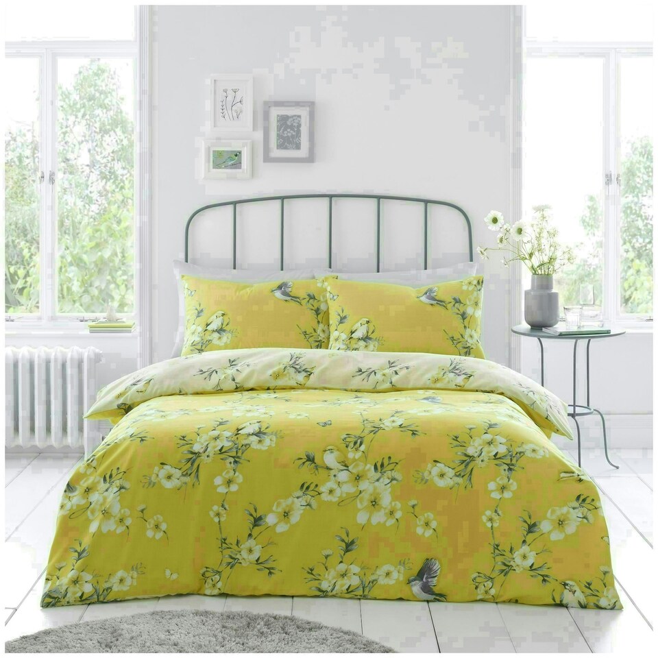 image 1 of VELVETIO Birdie Blossom Printed Duvet Cover Set Reversible Polycotton Beddings Yellow | Ochre | King