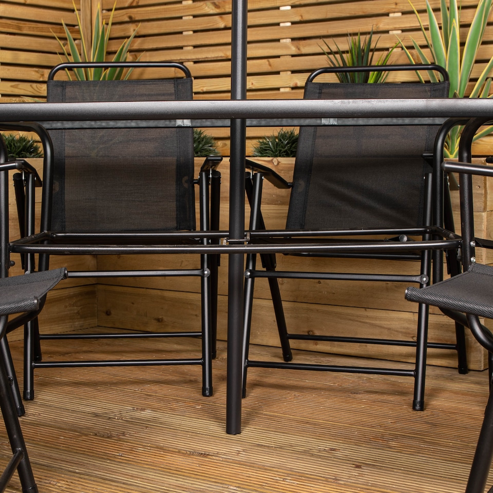 image 1 of Samuel Alexander Outdoor 6 Seater Glass Top Table and Chairs Patio Set with Parasol in Black