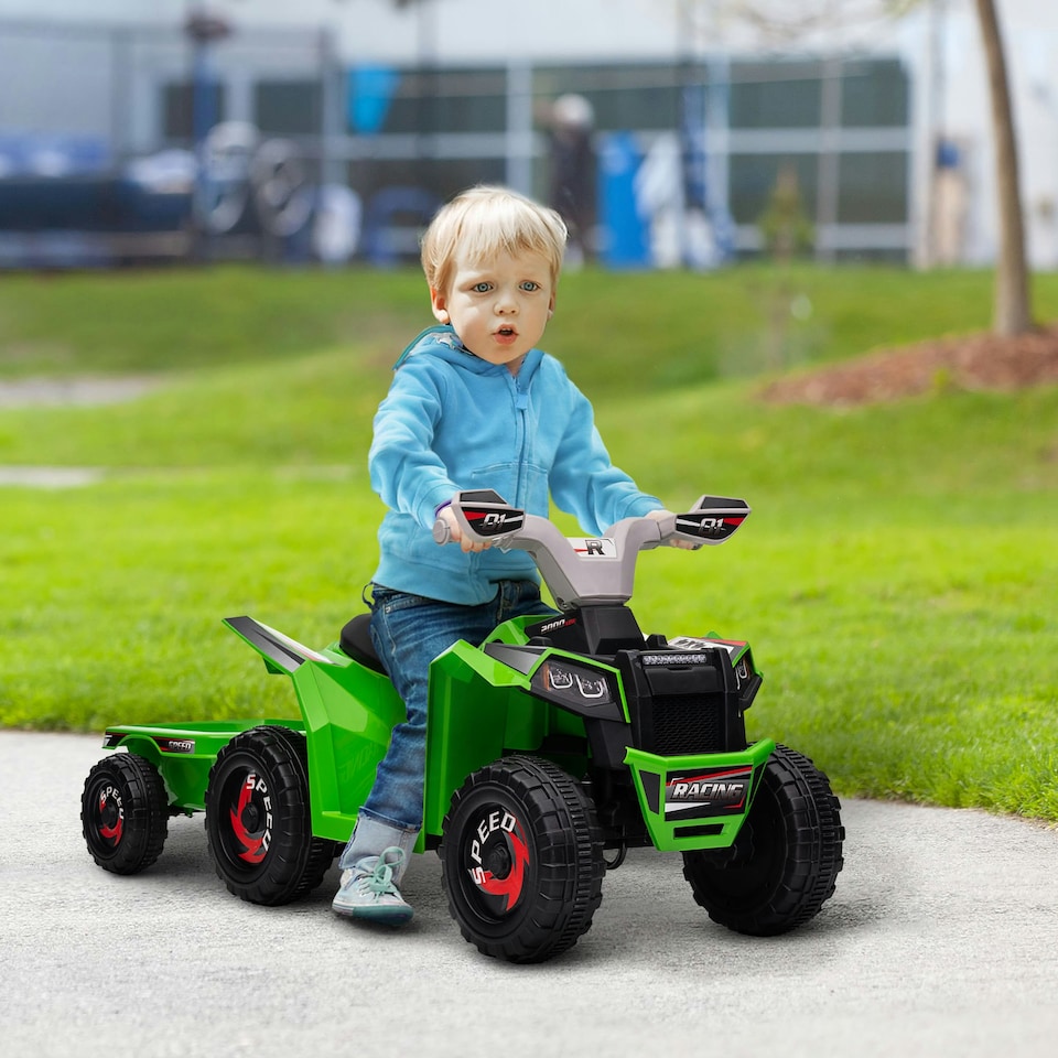image 1 of HOMCOM Electric Quad Bike, 6V Kids Ride-On ATV with Back Trailer - Green
