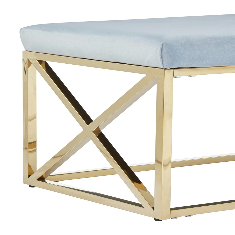 image 1 of Luxe Powder Blue Velvet And Gold Bench, Stylish Garden Bench For Outdoor, Accent Dining Bench For Diningroom Blue