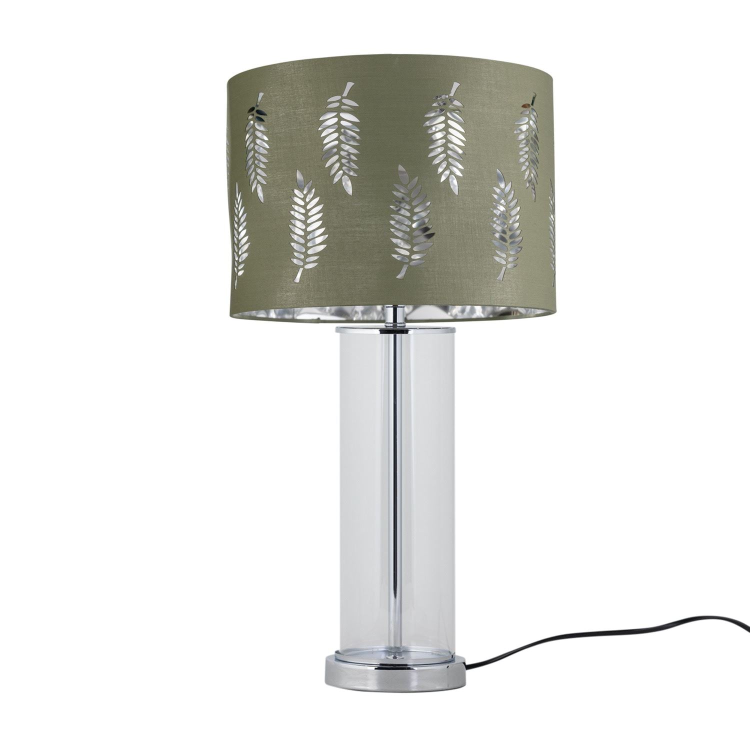 First Choice Lighting Aura - Chrome Table Lamp with Sage Green Fern with Silver Inner Shade