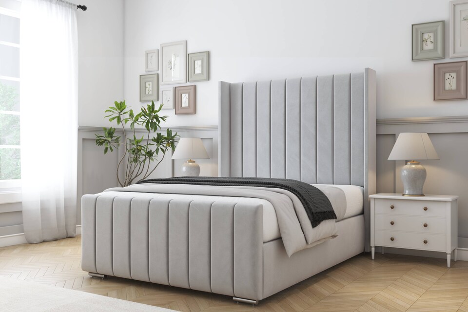 image 1 of Sloomy Melbourne Silver Plush Bed Frame With Mattress  With 50" Upholstered Wingback Headboard 2'6 Small Single