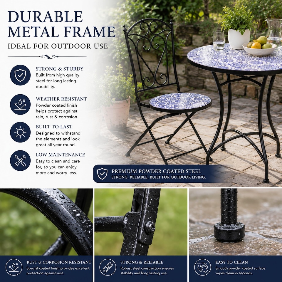 image 1 of Mosaic Bistro Set Three Piece Folding Outdoor Table and Chairs for Balcony Patio and Small Garden Dining