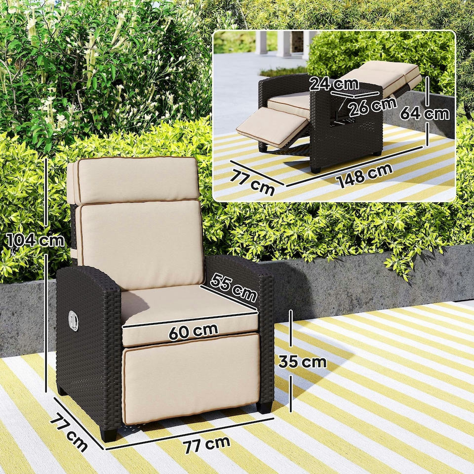 image 1 of Outsunny Rattan Garden Recliner Sun Lounger w/ Flip Table, Dark Brown/Khaki