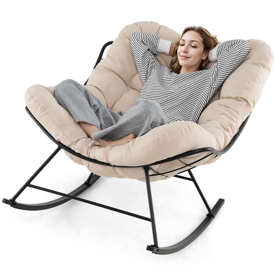 image 1 of COSTWAY Indoor Outdoor Rocking Chair Oversized Egg Papasan Chair-Beige