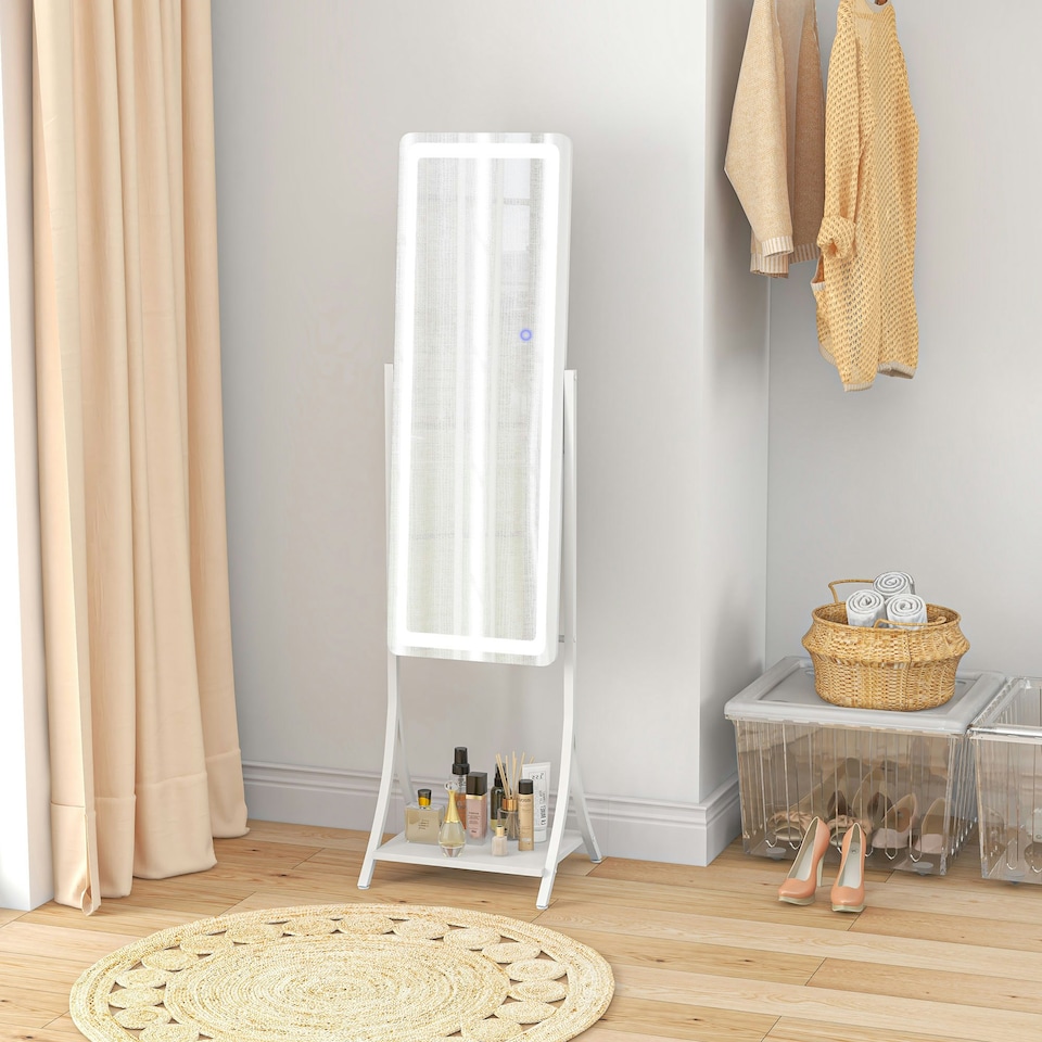 image 1 of HOMCOM LED Lighted Full Length Mirror, Floor Standing Mirror with Storage Shelf