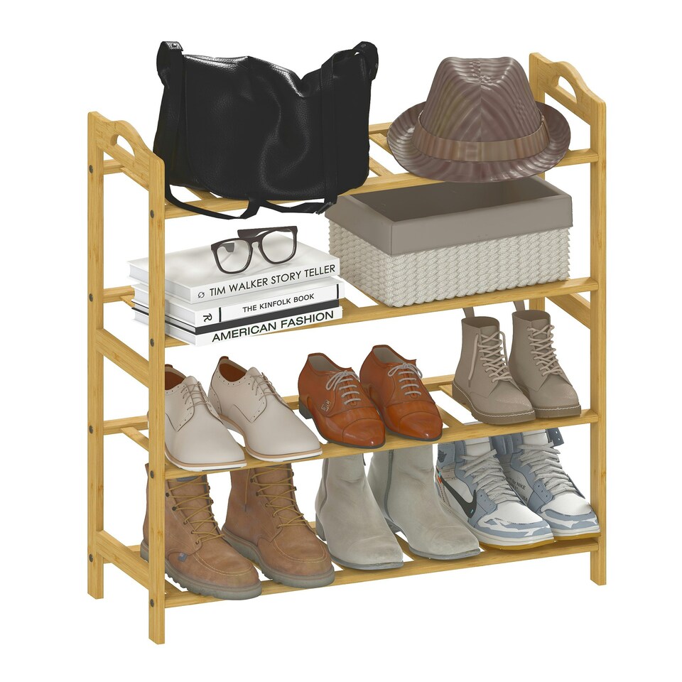 image 1 of HOMCOM 4-Tier Shoe Rack, Bamboo Shoe Shelf Stand, Natural Wood Finish Brown