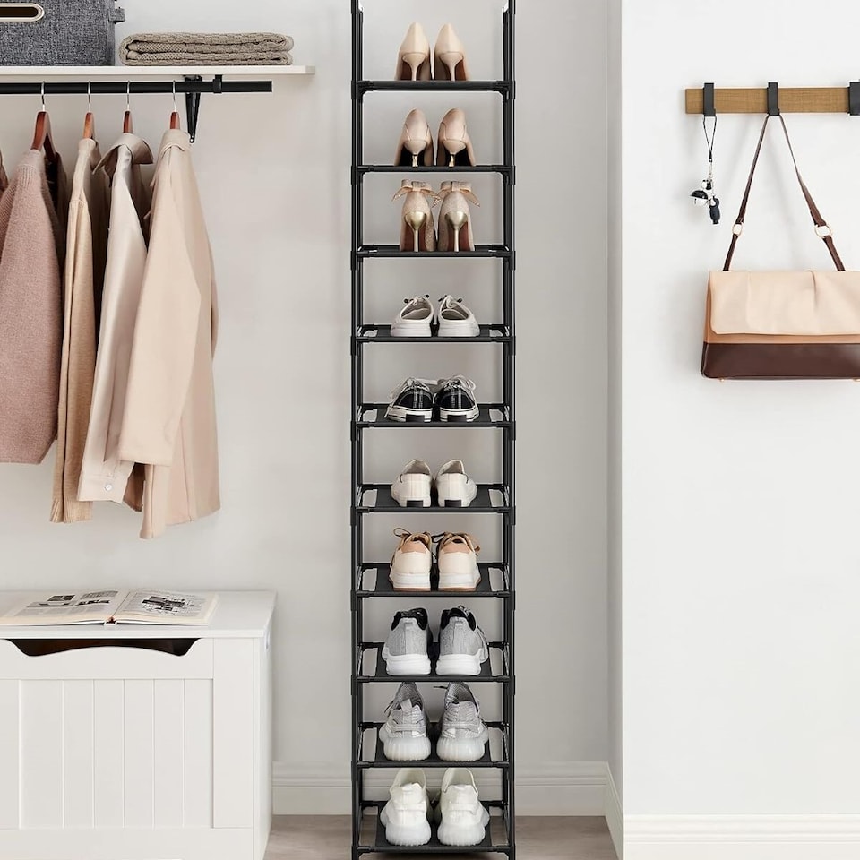 image 1 of 10-Tier Shoe Tower, Compact Storage Rack with Fabric Shelves and Metal Frame, Black