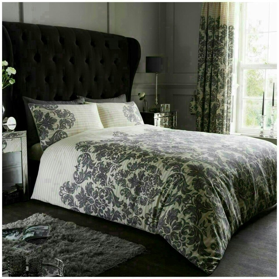 image 1 of VELVETIO Empire Damask Printed Duvet Cover Set Reversible Polycotton Beddings Cream | Double